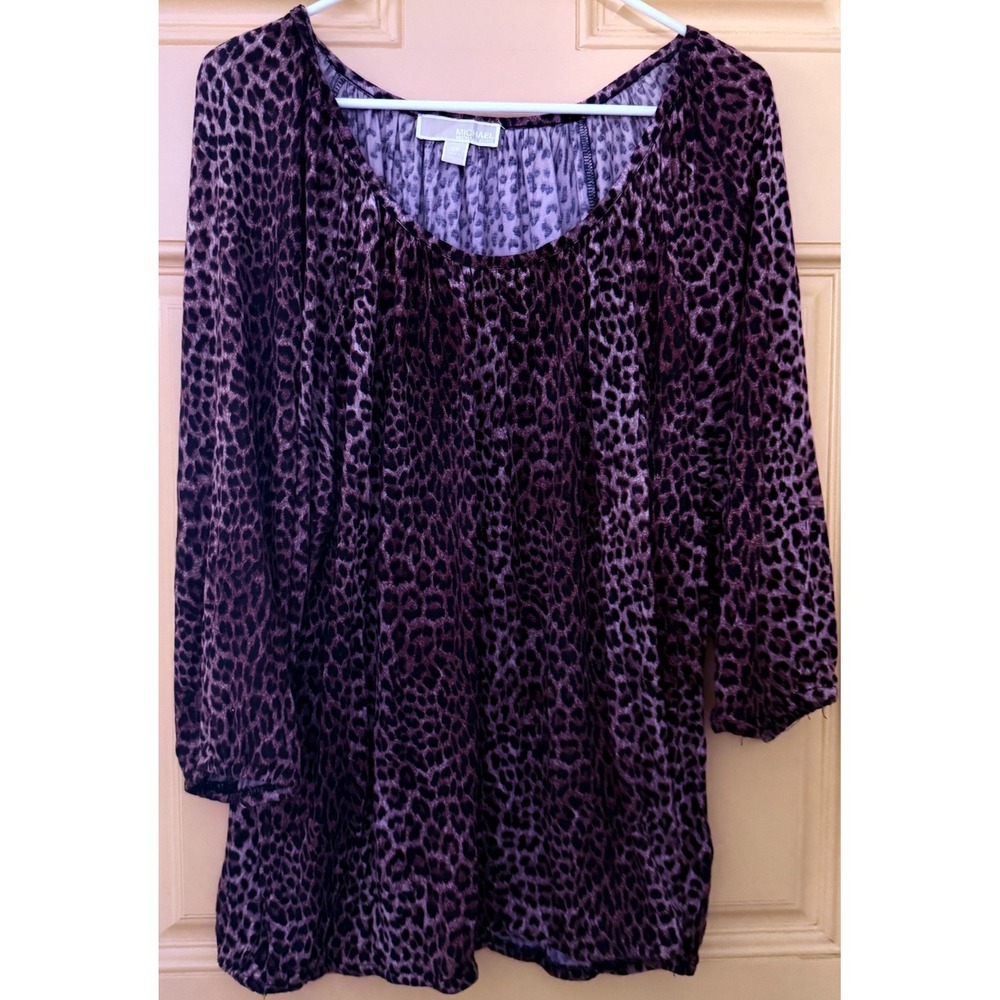 MICHAEL Michael Kors Brown Purple Leopard Print Elastic Waist Tunic Top Size 2X